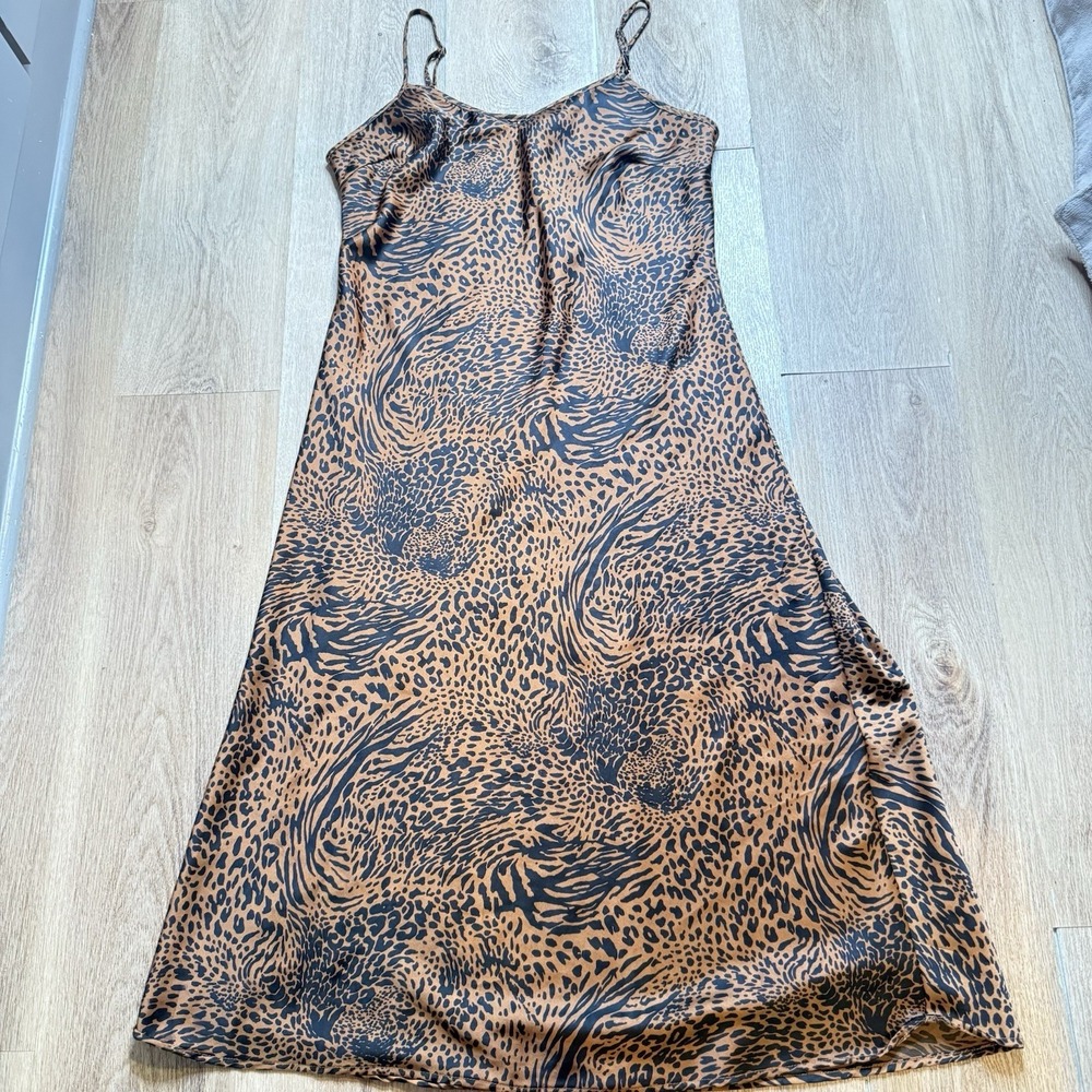 Leopard Animal Print Effect babydoll Satin Slip Midi Dress Large